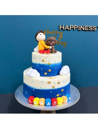 Ombre Blue With Boy and Puppy Cake