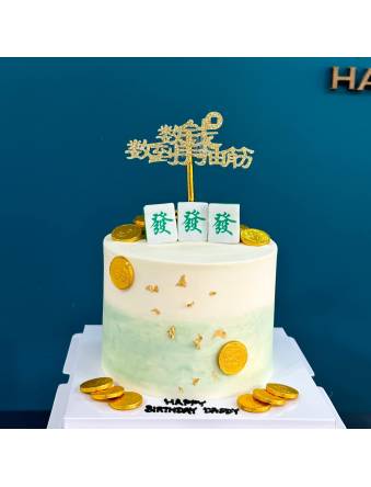 Ombre Green Mahjong tile and Gold coins Cake