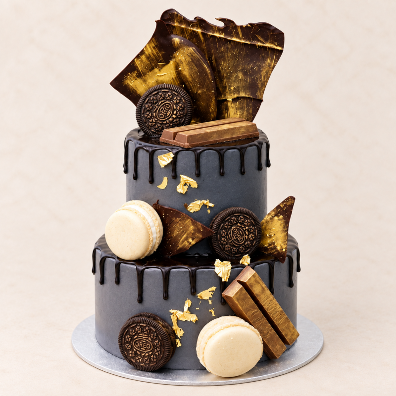 Black Chocolate and Macarons Cake