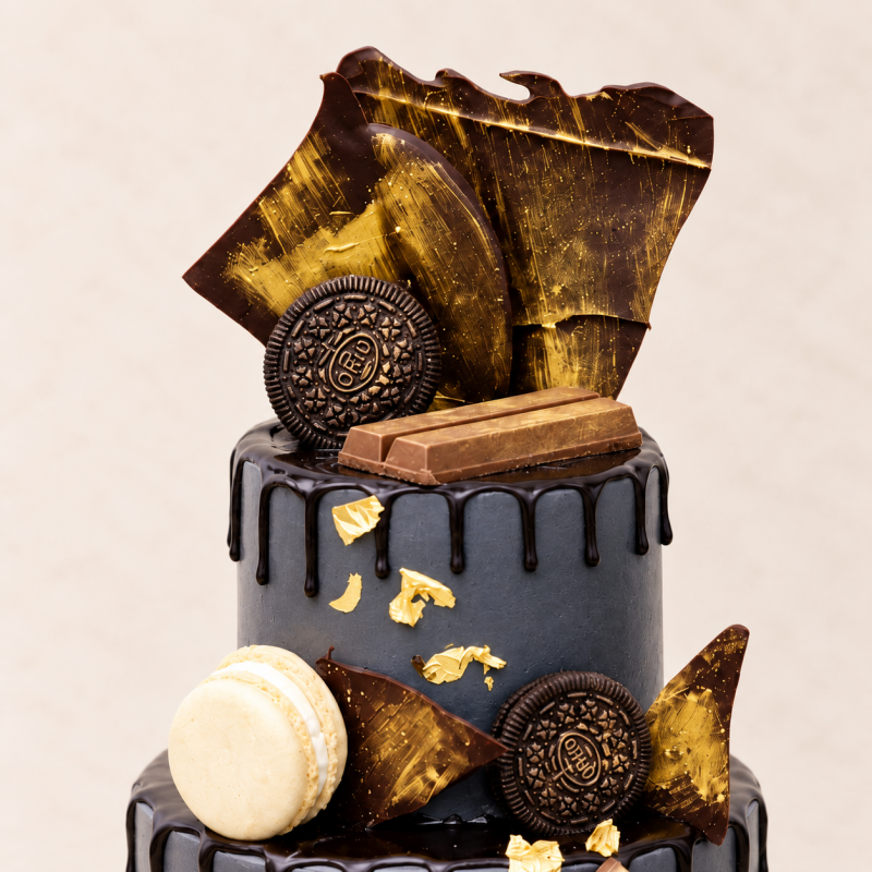 Black Chocolate and Macarons Cake