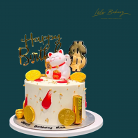 Fortune Cat with Gold Coins and Cake