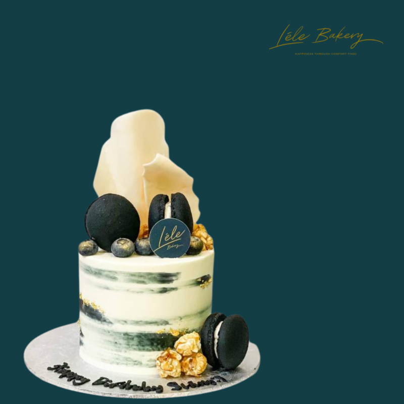 Mini Black Marbled and Macarons Cake