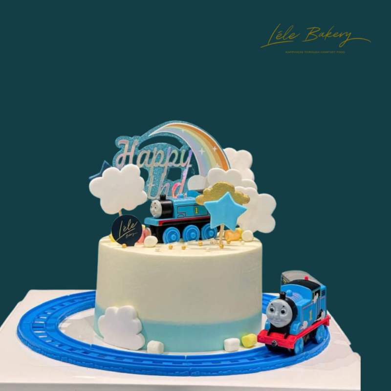 Ombre Blue Thomas Train Track Cake