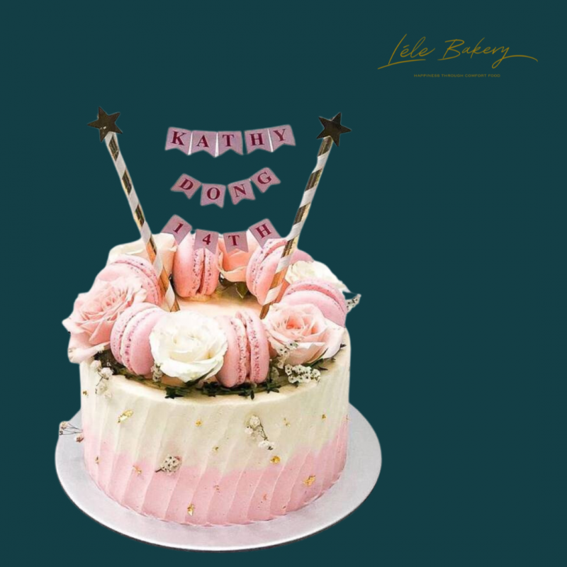 Ombre Pink Floral and Macarons Cake