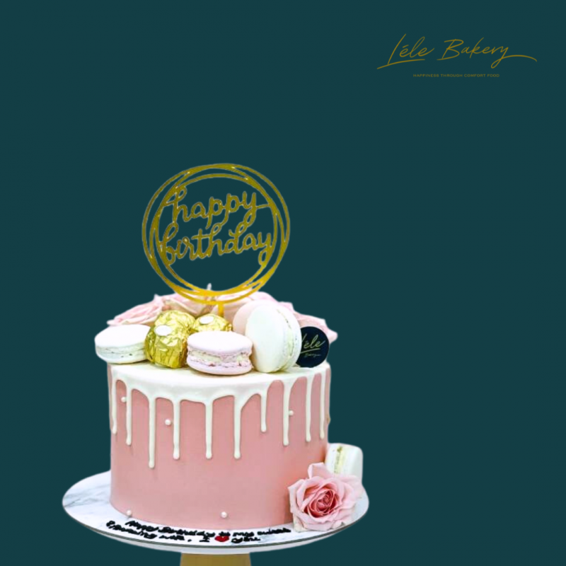 Pink Floral with Macarons Cake