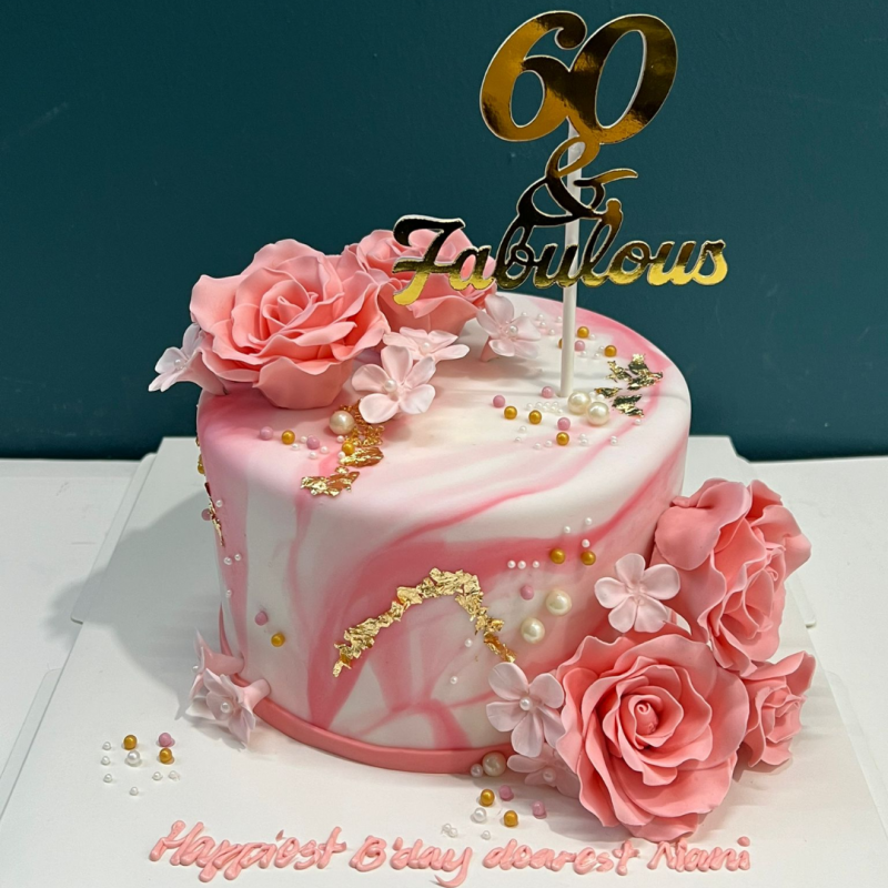 Pink and White Marble Floral Cake