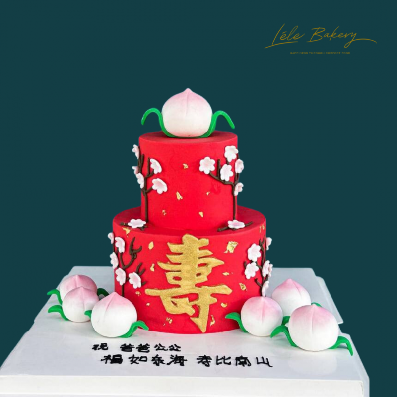 Red Longevity Peach and Flower Cake