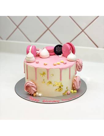 Pink and White with Macarons Cake