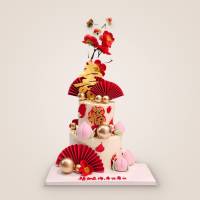 Longevity Sakura Flower Peaches with Red Fan Cake