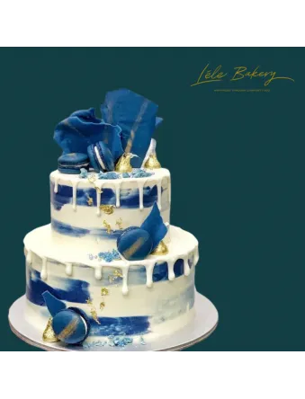 Blue Macarons and Gold Kisses Cake