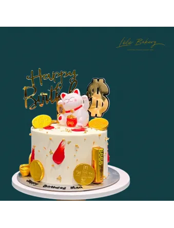 Fortune Cat with Gold Coins and Cake