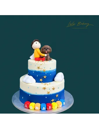 Ombre Blue with Boy and Puppy Cake