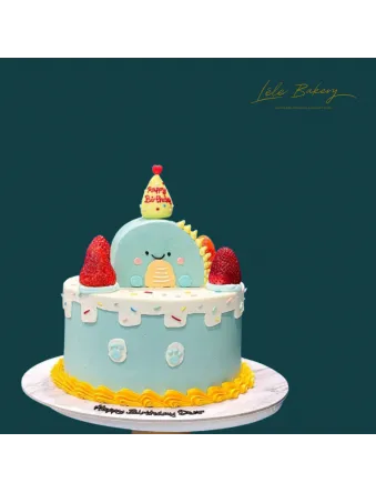 Pastel Blue Dinosaur with Strawberry Cake