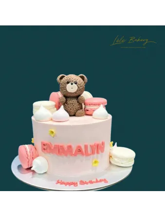 Pink and White Macarons with Brown Bear Cake