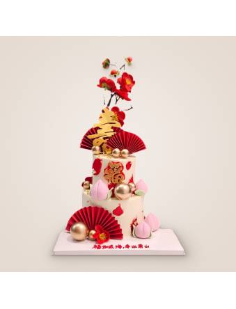 Longevity Sakura Flower Peaches with Red Fan Cake, Birthday Cake