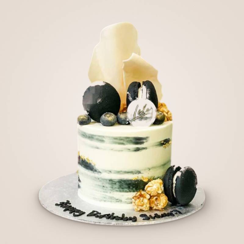 Mini Black Marbled and Macarons Cake