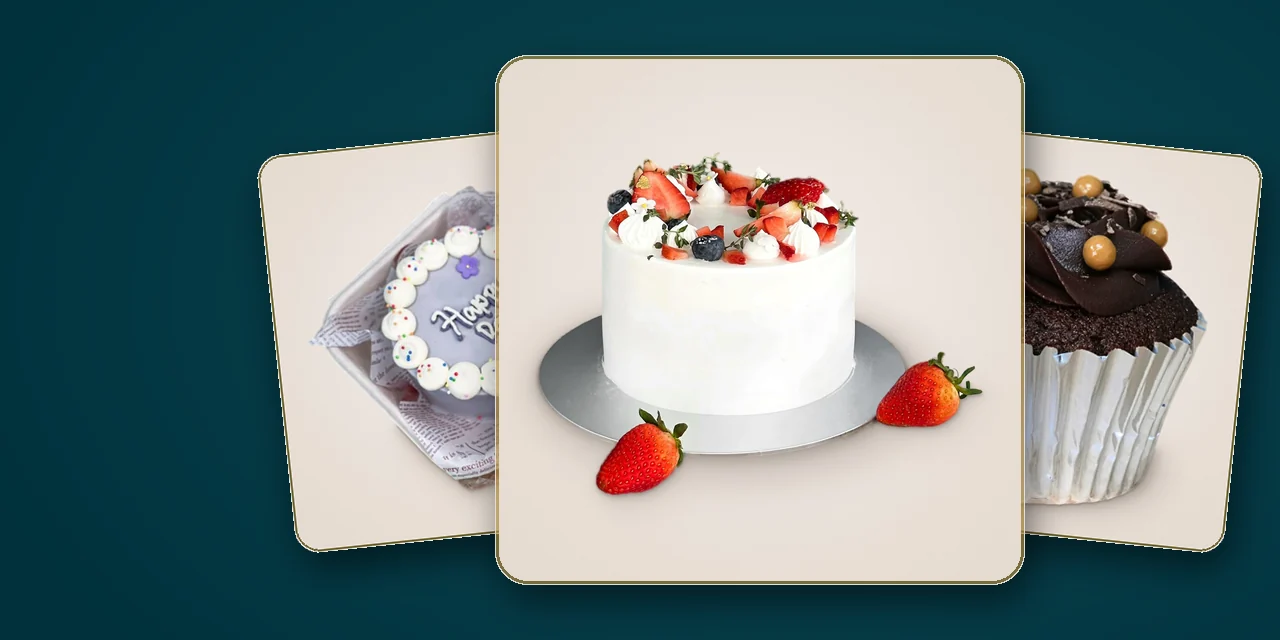 Same-day cakes from LÉLE Bakery: white strawberry shortcake topped with fresh strawberries and blueberries, a purple Korean bento cake and a dark chocolate cupcake